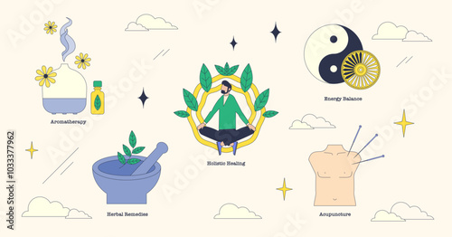 Alternative therapies depicted with aromatherapy, herbal remedies, and holistic healing in a vibrant, abstract style. Neubrutalism style collection