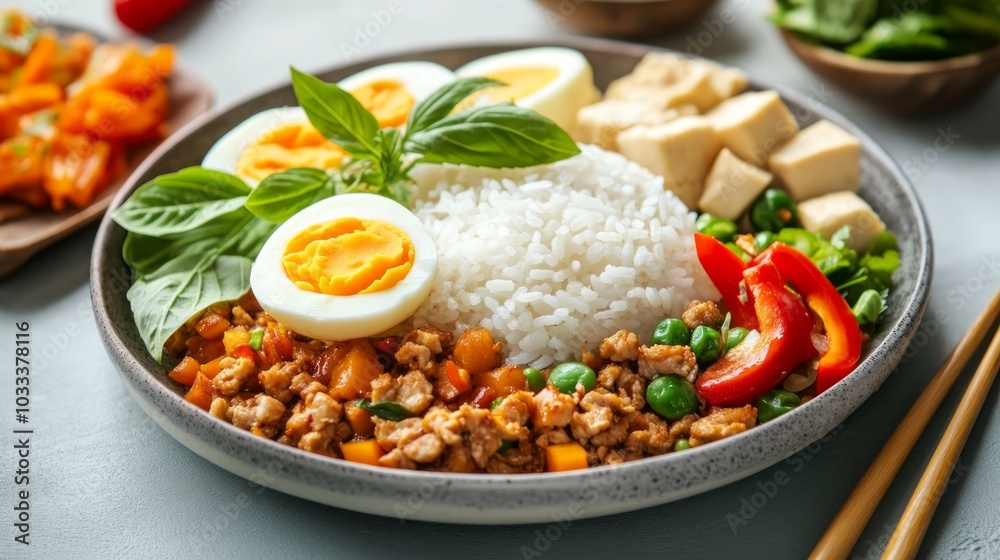 A plate of Thai food with rice, stir-fried pork with basil and vegetables, boiled egg, tofu, and green beans. A plate of Thai food with rice, stir-fried pork with basil and vegetables, boiled egg, tofu, and green beans.