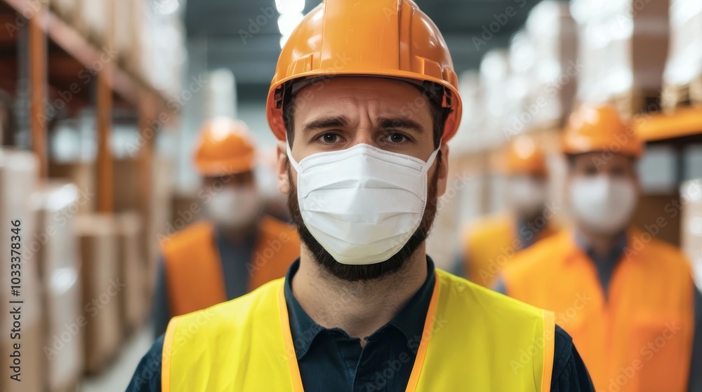 Warehouse worker wearing a face mask. Warehouse worker wearing a face mask.