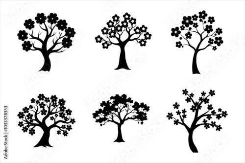 cherry blossom tree silhouette illustration - black wild apricots and sakura  on white