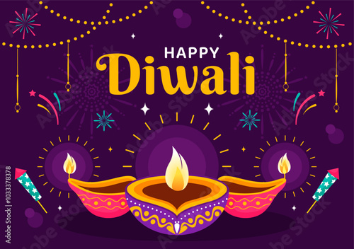 Diwali Festival of Lights Vector Illustration featuring Traditional Indian Rangoli Decoration, Festive Lamp and Fireworks in a Holiday Flat Background