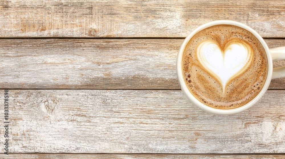 Heart-Shaped Latte Art on Rustic Wooden Table Heart-Shaped Latte Art on Rustic Wooden Table