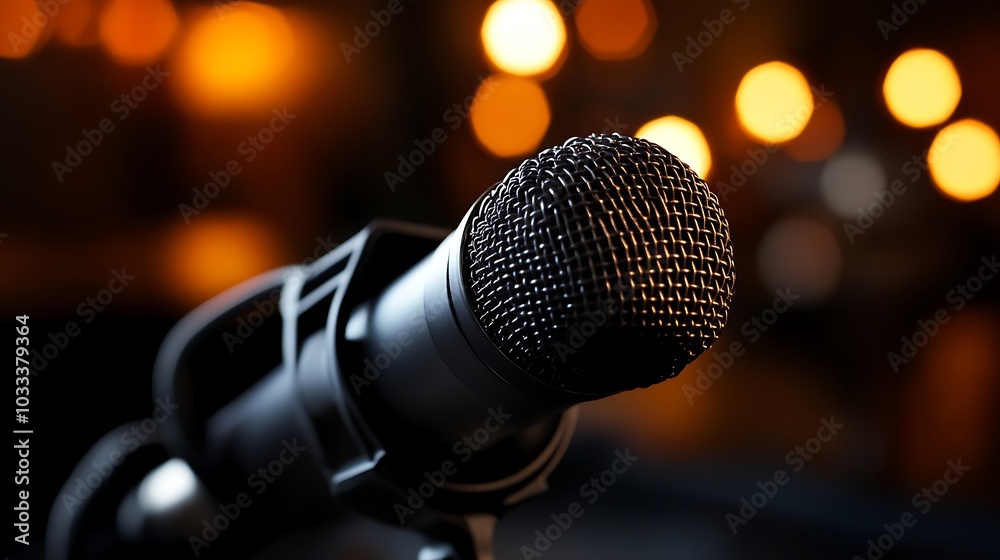 Close-up of a professional microphone on a stand with warm bokeh lights in the background. Close-up of a professional microphone on a stand with warm bokeh lights in the background.