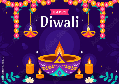 Diwali Festival of Lights Vector Illustration featuring Traditional Indian Rangoli Decoration, Festive Lamp and Fireworks in a Holiday Flat Background