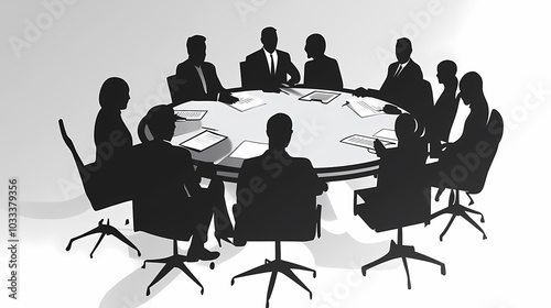 Silhouettes of a diverse group in a business meeting around a circular table.