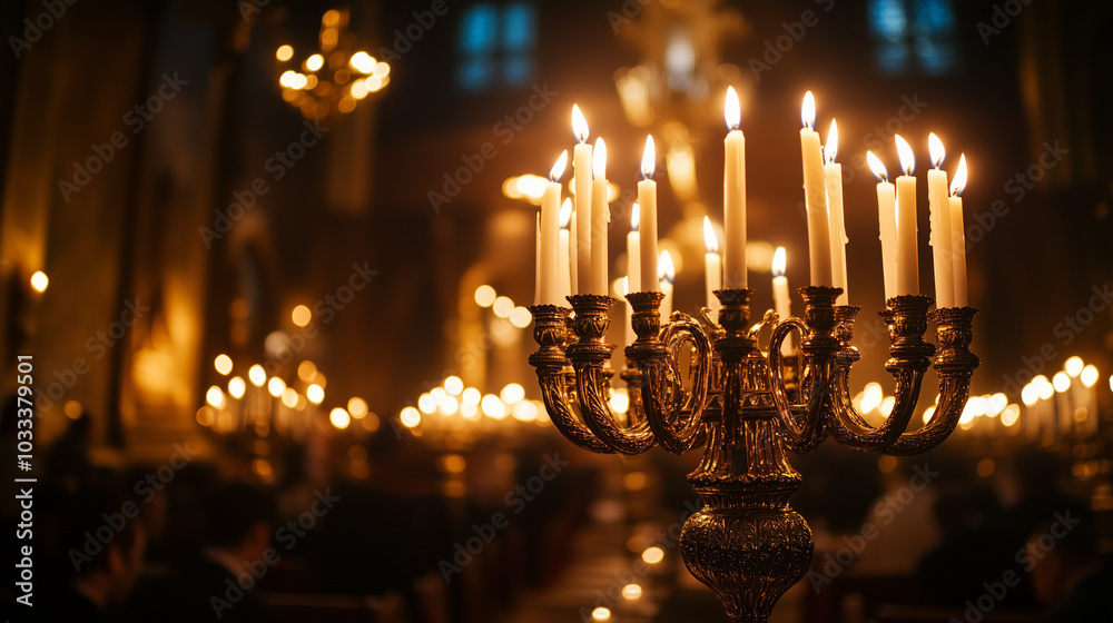 Hanukkah night in the synagogue, a large menorah with burning candles in front of the altar, Jewish people pray devoutly while looking at the candle flames, Ai generated images Hanukkah night in the synagogue, a large menorah with burning candles in front of the altar, Jewish people pray devoutly while looking at the candle flames, Ai generated images