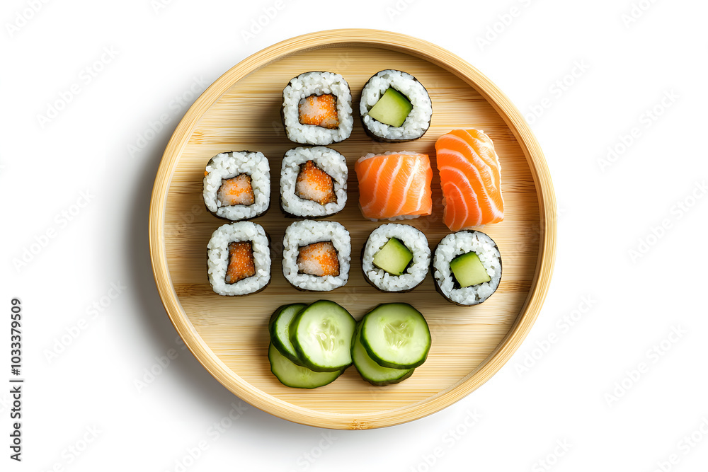 Sushi with salmon, cucumber, avocado on round bamboo plate top view, white background