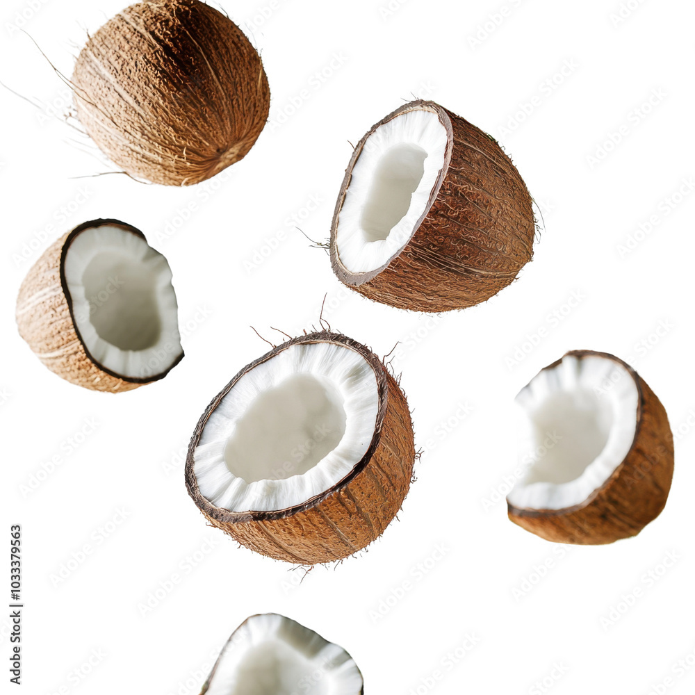 Floating Coconut Fruit Pieces Isolated on Transparent Background Floating Coconut Fruit Pieces Isolated on Transparent Background