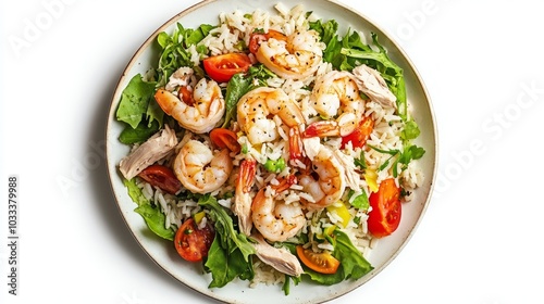 A plate of white rice, arugula, cherry tomatoes, shredded chicken and grilled shrimp.