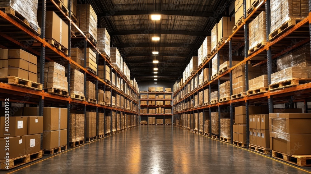 A spacious, well-organized warehouse featuring rows of shelves stacked with pallets of boxes, representing efficient storage, logistics, and inventory management. A spacious, well-organized warehouse featuring rows of shelves stacked with pallets of boxes, representing efficient storage, logistics, and inventory management.