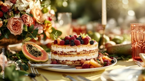 A meticulously decorated layered fruit cake adorned with fresh berries and surrounded by flowers and fruits sits on a table, embodying artistry and celebration. photo