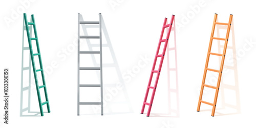 3d vector ladder leaning on white wall with shadow. Realistic illustration set of metal stepladder in different angles. building and renovation climbing aluminum construction. Portable steel staircase