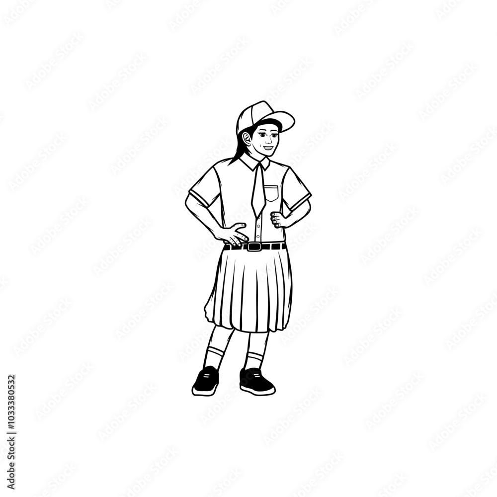 elementary school girls wear black and white uniform hats vector line art elementary school girls wear black and white uniform hats vector line art