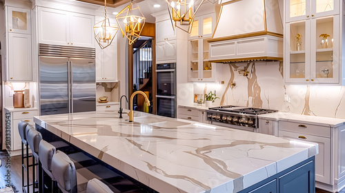 A luxurious kitchen with a large island, gold faucet and sputnik chandelier, stainless steel appliances, and white marble countertops