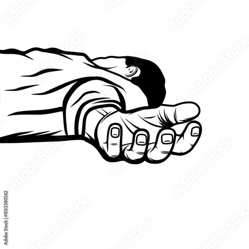 the top of an unrecognized male corpse lying on the ground black and white vector line art