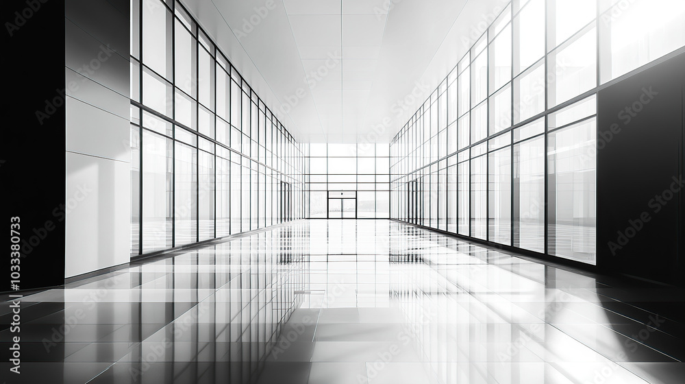 A black-and-white photograph of an empty, modern building interior with glass walls, minimalist architectural photography A black-and-white photograph of an empty, modern building interior with glass walls, minimalist architectural photography