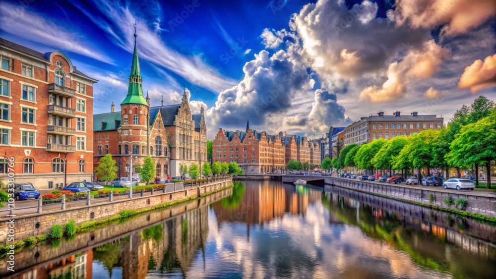 Naklejka premium A picturesque canal runs through a charming European town with traditional architecture.