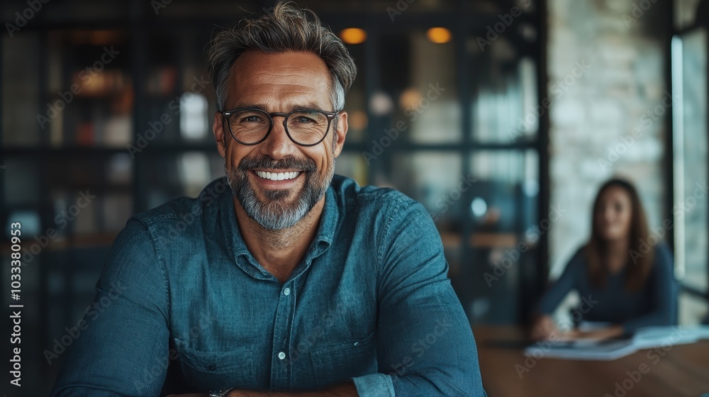 A mature man with glasses is smiling broadly while seated in a contemporary office environment, showcasing professionalism and warmth in a stylish setting. A mature man with glasses is smiling broadly while seated in a contemporary office environment, showcasing professionalism and warmth in a stylish setting.