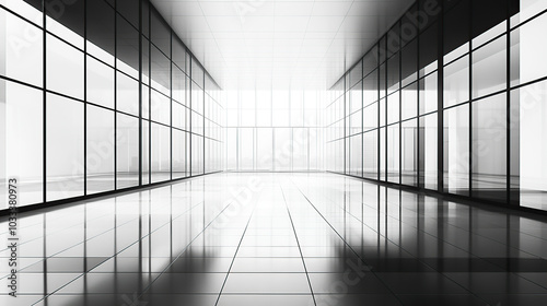 A black-and-white photograph of an empty, modern building interior with glass walls, minimalist architectural photography