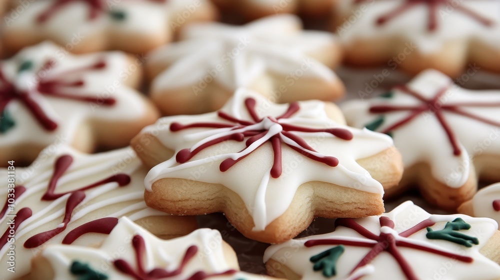 Elegant star-shaped Christmas cookies adorned with white and red icing, showcasing delightful holiday tradition and artistic expression. Elegant star-shaped Christmas cookies adorned with white and red icing, showcasing delightful holiday tradition and artistic expression.