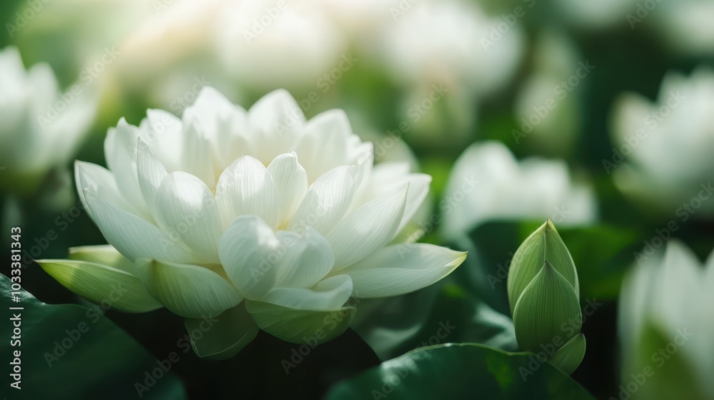 A serene white lotus beautifully blooms against a lush green backdrop, representing purity, peace, and spiritual enlightenment in a harmonious natural setting. A serene white lotus beautifully blooms against a lush green backdrop, representing purity, peace, and spiritual enlightenment in a harmonious natural setting.