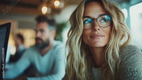 A thoughtful woman wearing glasses sits relaxed at her desk, gazing into the distance, with a blurred colleague in the background, creating a focused atmosphere.