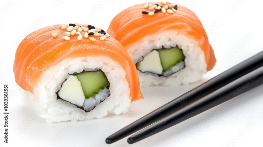 Fresh Sushi Rolls on Plate with Chopsticks Fresh Sushi Rolls on Plate with Chopsticks