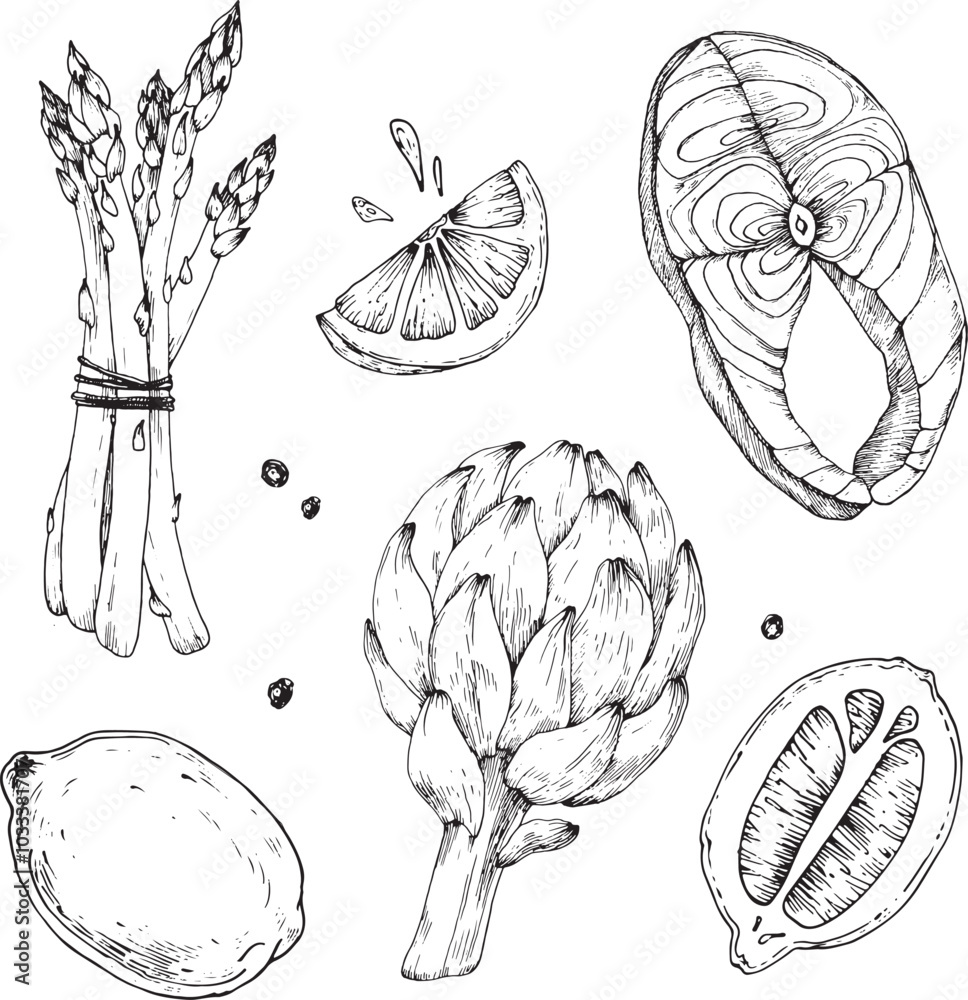 Fototapeta premium Artichoke, salmon, lemon, asparagus and pepper set of black and white sketches hand drawn with ink. Elements for cooking healthy food with fish. Objects for design of recipe, label, restaurant menu.