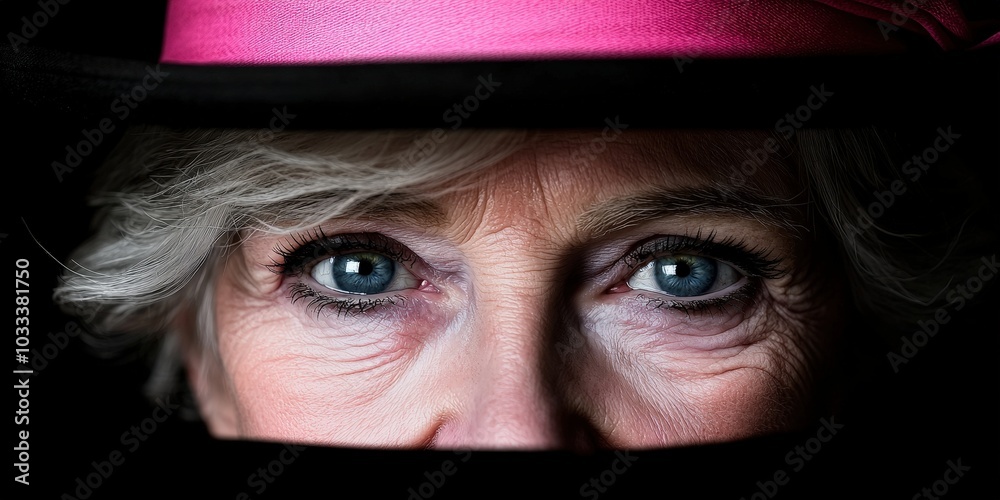 Closeup Portrait of Elderly Woman s Eyes with Pink Hat Closeup Portrait of Elderly Woman s Eyes with Pink Hat