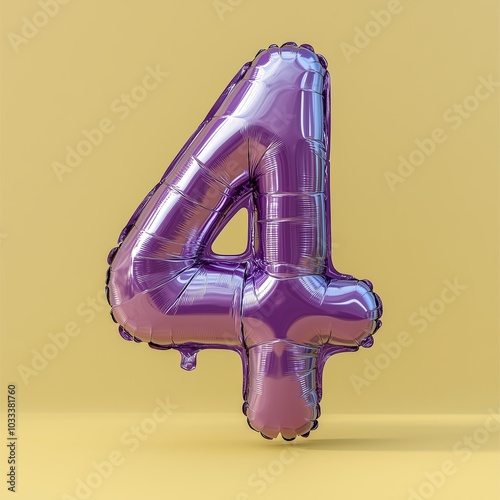 Violet metallic number4 four made of inflatable balloon on yellow background photo