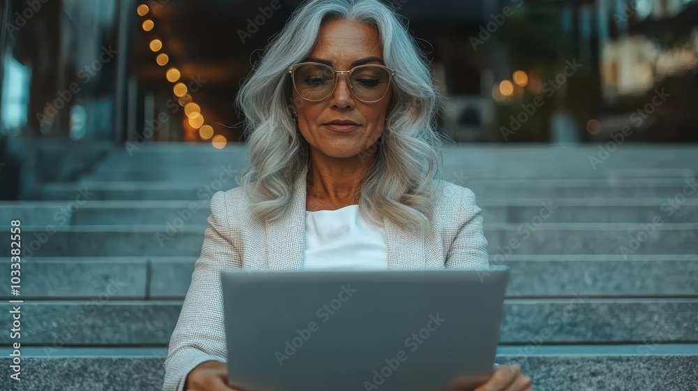 An elegant woman with silver hair sits on outdoor steps, engrossed in work on her laptop, wearing glasses and a light-colored blazer, depicted in warm lighting. An elegant woman with silver hair sits on outdoor steps, engrossed in work on her laptop, wearing glasses and a light-colored blazer, depicted in warm lighting.
