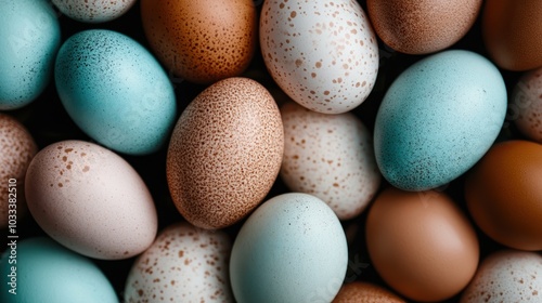 An assortment of colorful eggs, including blues, browns, and speckled patterns, beautifully arranged to showcase diversity and design in natural textures and tones. photo