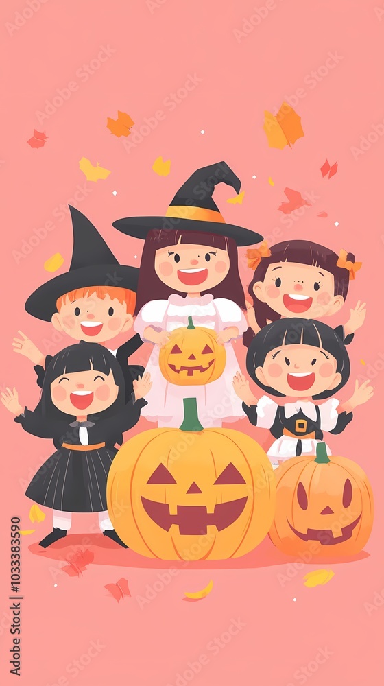 A joyful group of children in Halloween costumes posing with pumpkins. A joyful group of children in Halloween costumes posing with pumpkins.