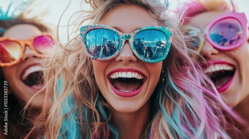 A joyful group of three women with vibrant colored hair and whimsical sunglasses, radiating happiness and friendship at a lively outdoor event.