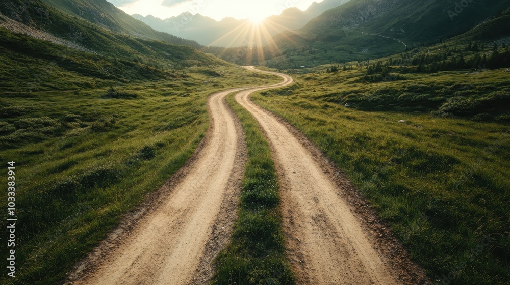 A lush, green path winds gently at sunset between mountainous terrain, a perfect scene for those seeking serenity, natural beauty, and peaceful reflection.