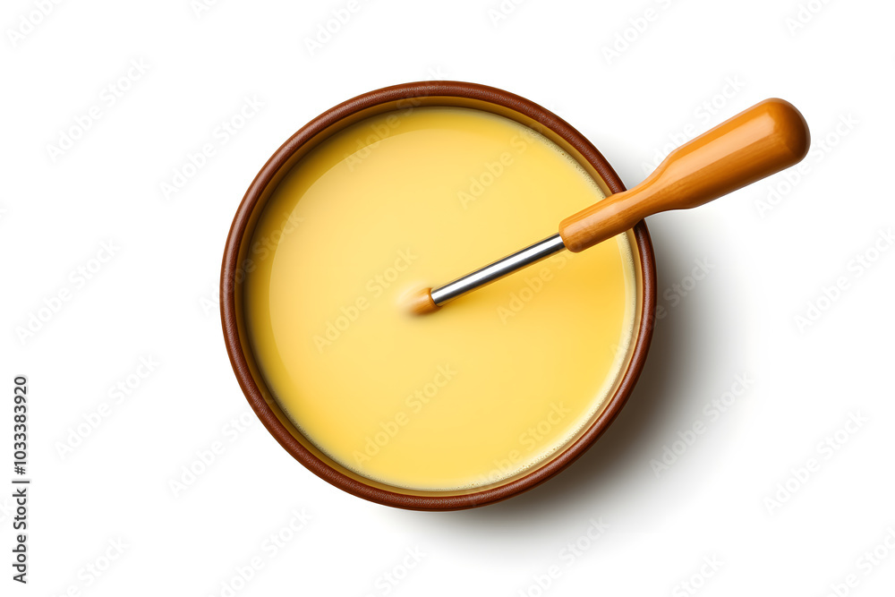 Pot of delicious cheese fondue top view isolated on white background Pot of delicious cheese fondue top view isolated on white background