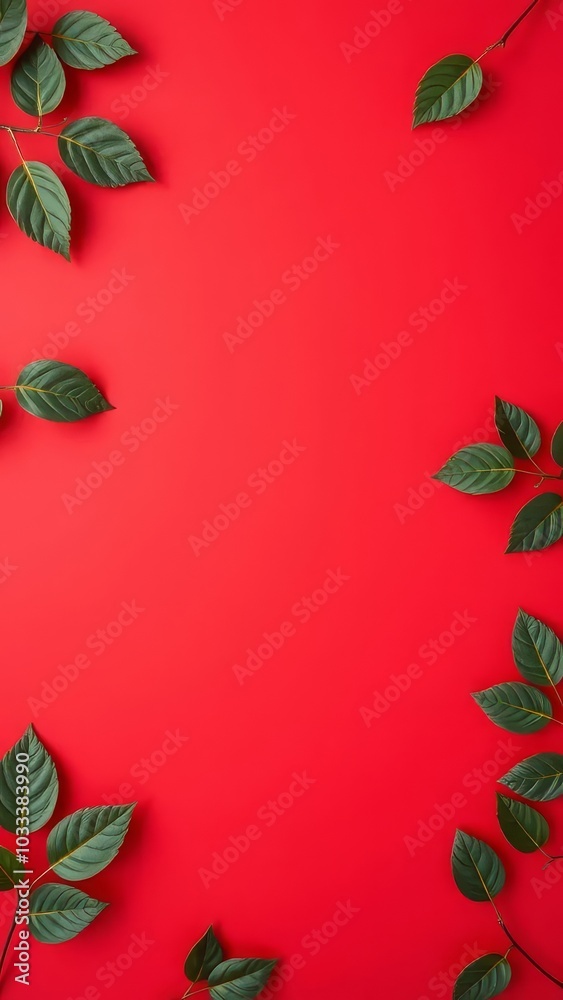 Green leaves elegantly frame a vibrant red background, creating a striking contrast and natural, minimalist composition Green leaves elegantly frame a vibrant red background, creating a striking contrast and natural, minimalist composition