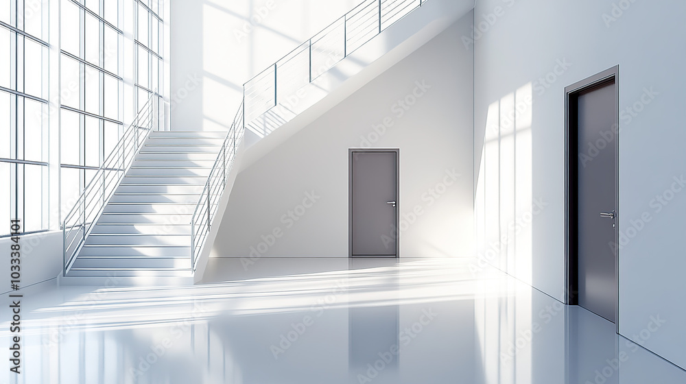 A clean, white, modern interior of an office building with a staircase, door, and window
