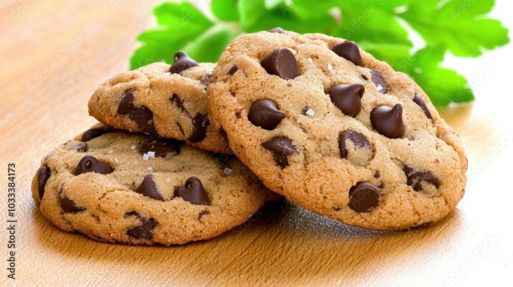Delicious Chocolate Chip Cookies on Wooden Surface Delicious Chocolate Chip Cookies on Wooden Surface