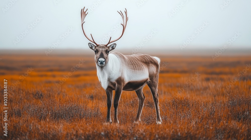 Obraz premium A reindeer with large antlers stands in a field of brown grass with a foggy background.