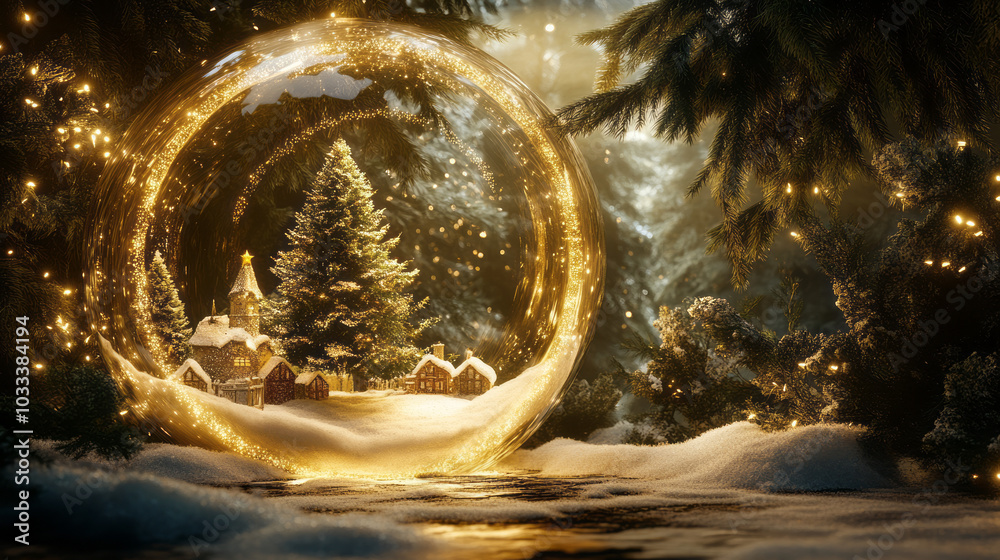Christmas village,placed in a big Christmas transparent ornament