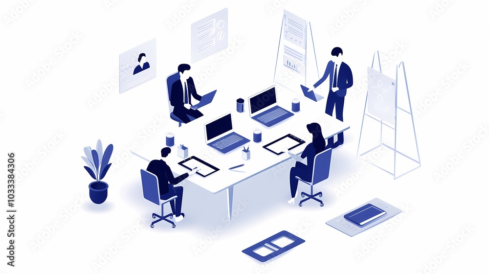 Diverse business team collaborating in a modern office setting. Diverse business team collaborating in a modern office setting.
