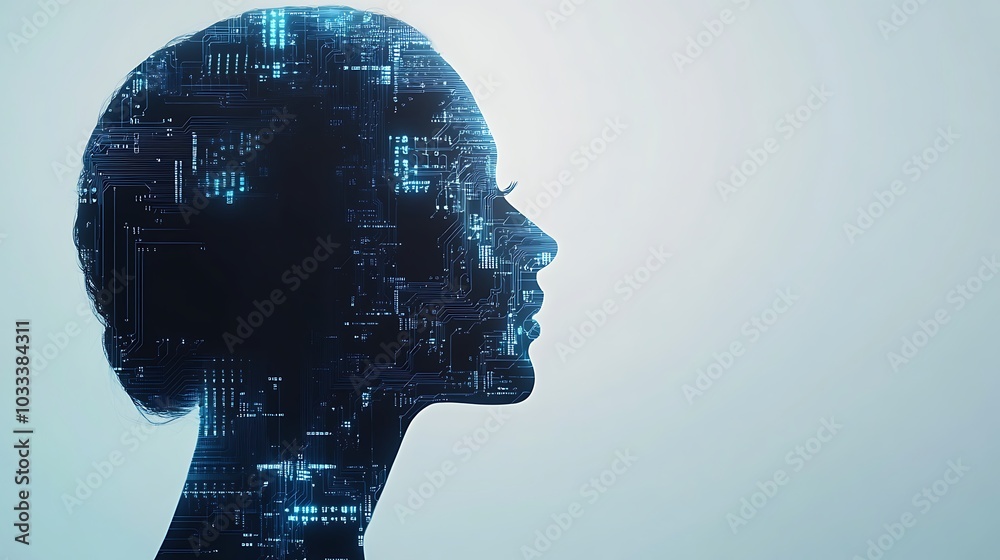 Digital circuits forming intricate patterns within glowing human head silhouette Digital circuits forming intricate patterns within glowing human head silhouette