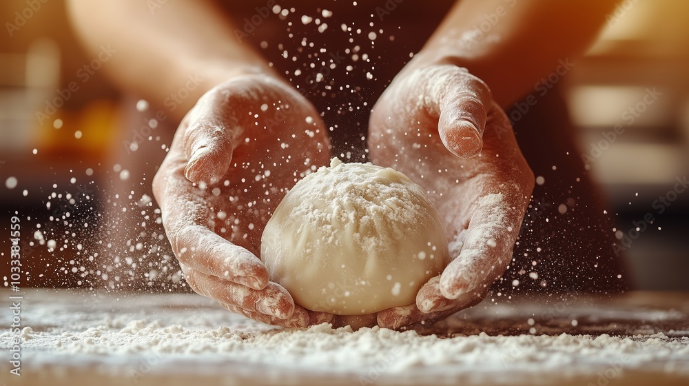 A close-up of hands kneading dough on a wooden surface, with flour dramatically splashing in the air. A close-up of hands kneading dough on a wooden surface, with flour dramatically splashing in the air.