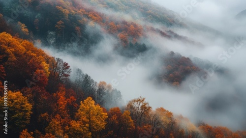 autumn misty forest top view