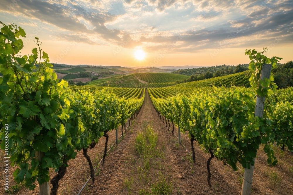 Naklejka premium Italian Vineyards. Stunning Sunset Landscape of Vinery Fields in Green Hills