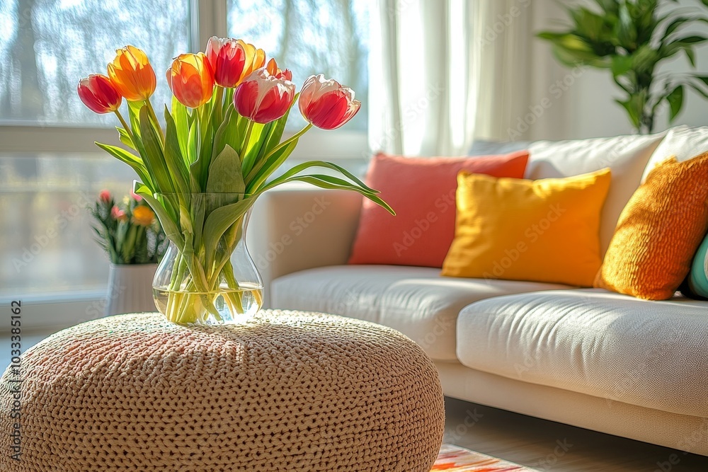 Naklejka premium Bright and airy living space featuring a stylish sofa, vibrant cushions, and a round ottoman with a vase of fresh flowers, Generative AI