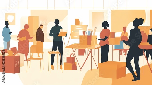 Diverse group of people engaged in organizing boxes in a bright, collaborative workspace.