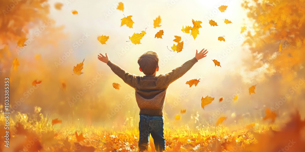 Child standing in the golden autumn sun with arms spread wide, basking in the beauty of the falling leaves around them. Child standing in the golden autumn sun with arms spread wide, basking in the beauty of the falling leaves around them.