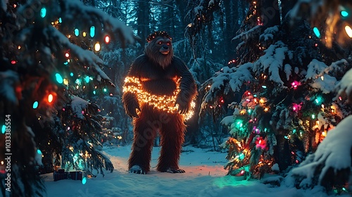A friendly sasquatch with Christmas lights wrapped around him stands in a snowy forest surrounded by festive decorations and glowing trees 